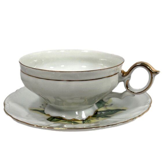 NORCREST VINTAGE TEA CUP SAUCER FINE CHINA LILY #5/986 GOLD TRIM JAPAN HANDPAINT - Picture 2 of 8